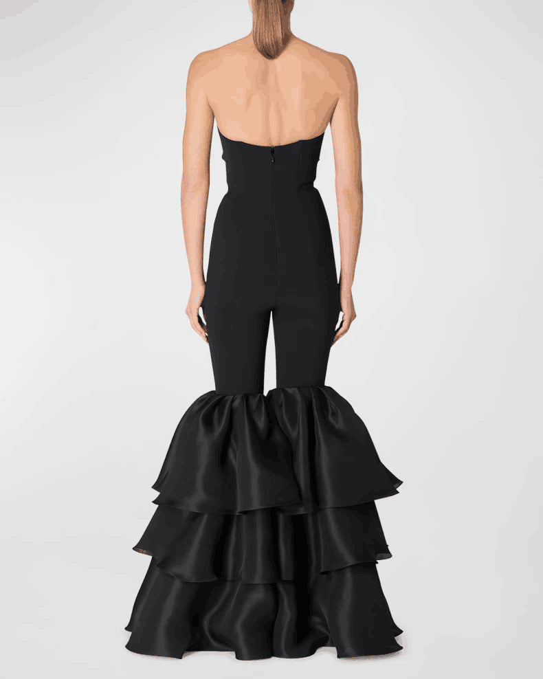 Black Sleeveless Oversized Ruffled Leg Design Women's Formal Party Jumpsuit
