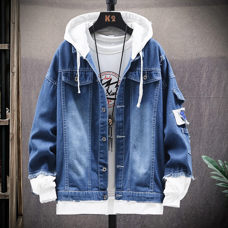 Men's Denim Ripped Gradient/Solid Loose Hip-Hop Button-Up Jean Jacket