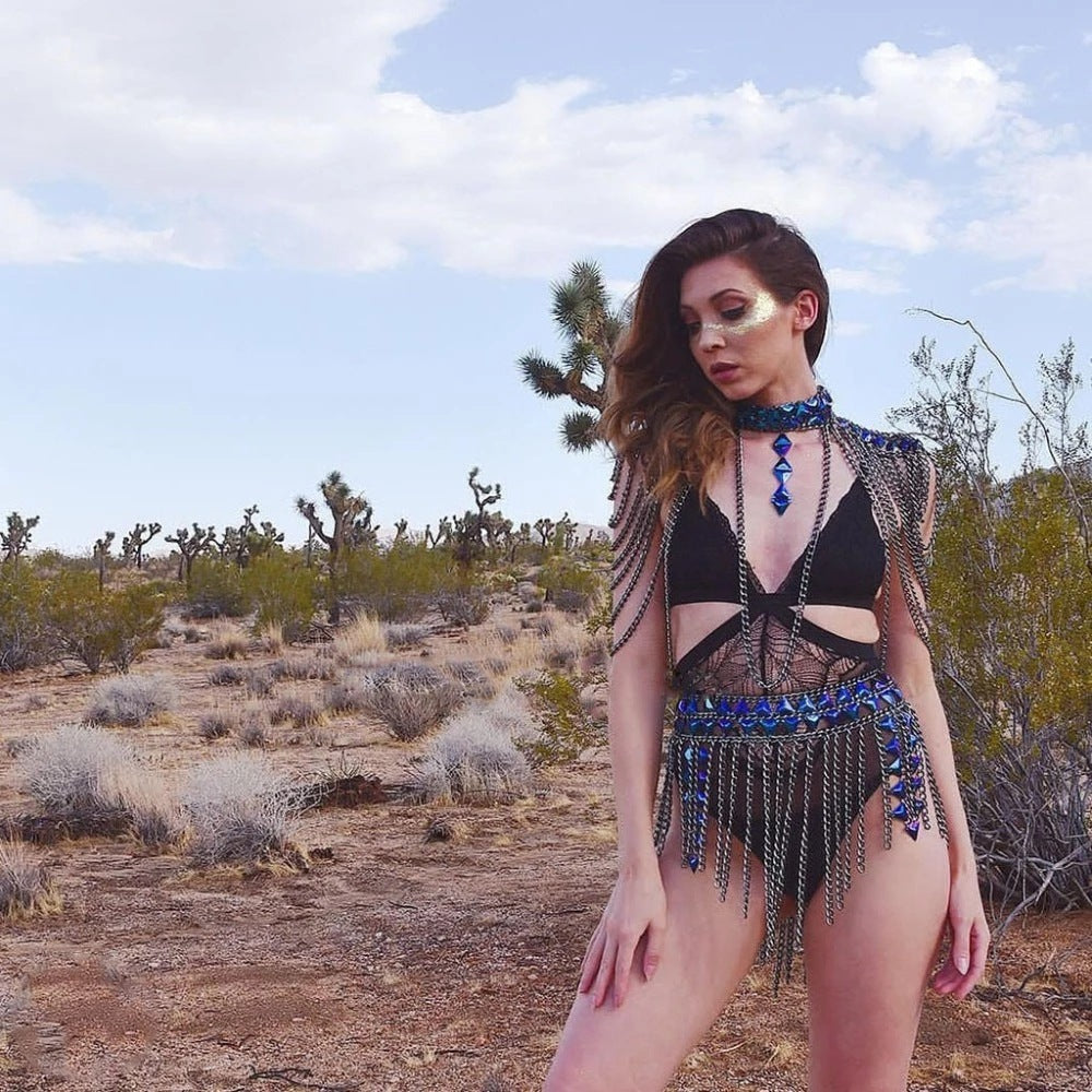 Blue Crystal Double Shoulder Body Multi-Layered Fringe Waist Chain Women's Jewelry Outfit 2-Piece Set