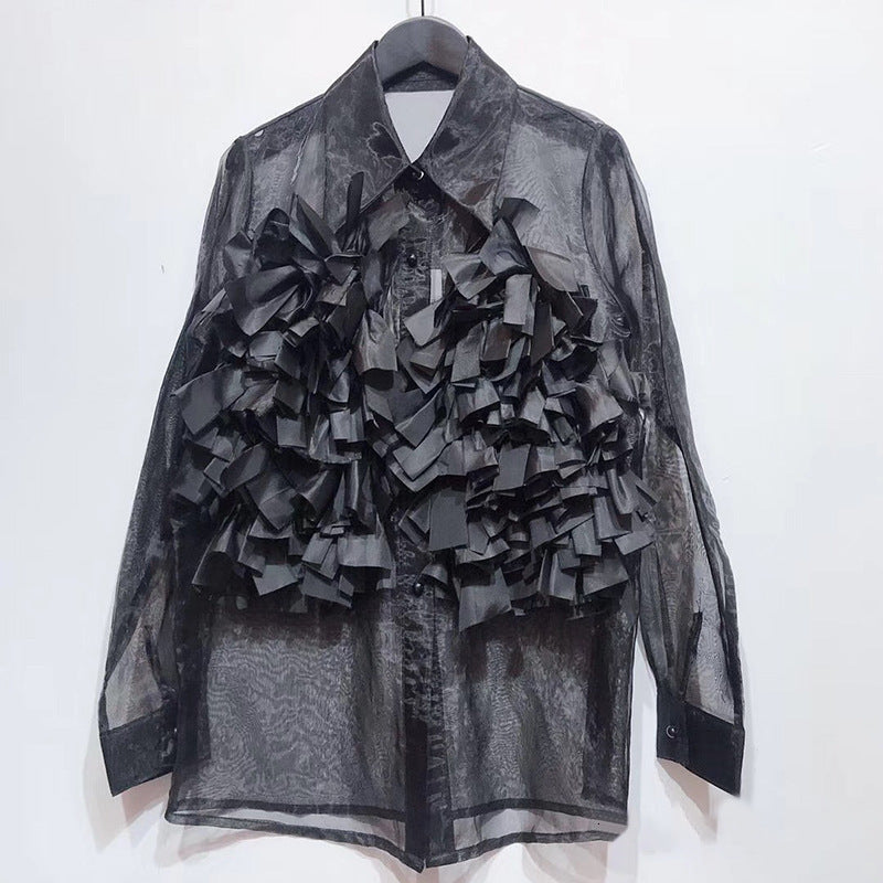 Big Flower Design Transparent Organza Women's Long Sleeve Dress Shirt