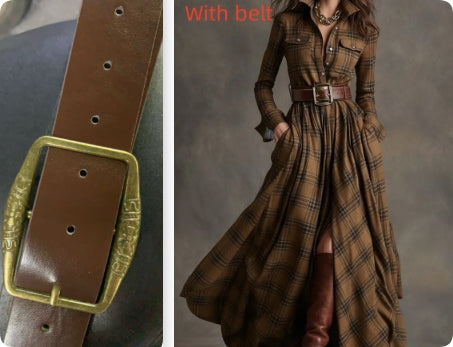 Oversized Plaid Print Long Sleeve Pocketed Turn-Down Collar Button-Up Big Swing Maxi Dress to 4X Plus Size