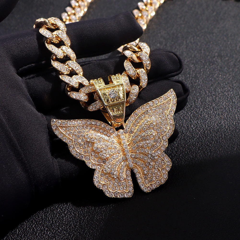 Iced-Out Large Diamond Silver/Gold Butterfly Pendant Cuban Chain Necklace-5 Sizes