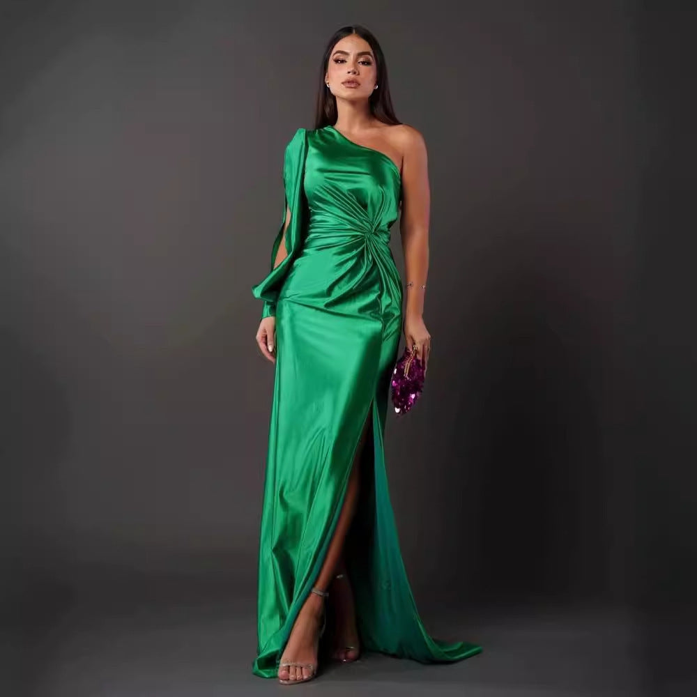 Satin Asymmetrical One Shoulder High Side Slit Long Sleeve Party Evening Formal Maxi Dress to 3X Plus Size-13 Colors