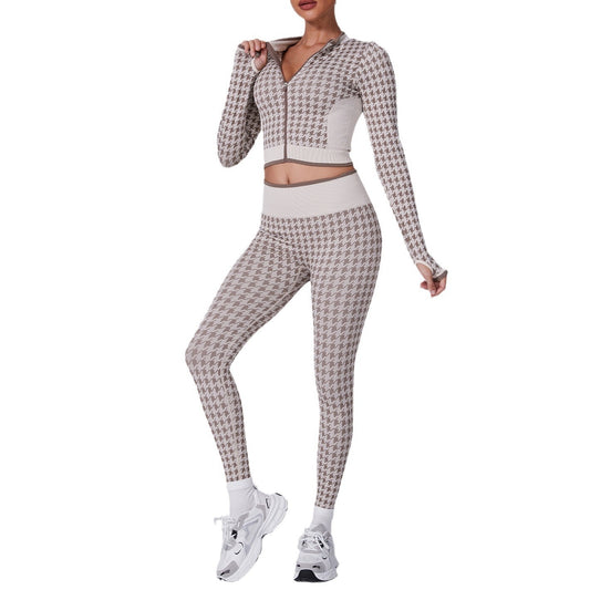 Houndstooth O-Neck Women's Zipper Sports Jacket + Leggings Tracksuit