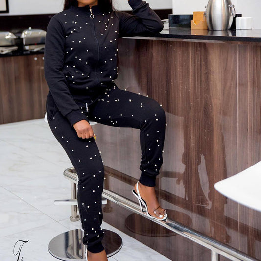 Black Pearl Beaded Sports Zipper Jacket + Sweatpants Women's Tracksuit