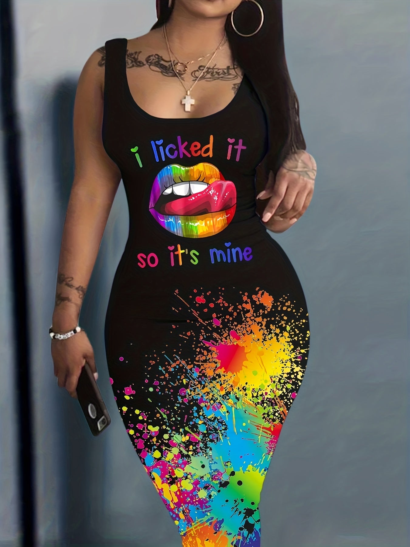 Paint Splatter Lip Print "I Licked It So It's Mine"/Rainbow Abstract Face Print Sleeveless O-Neck Bodycon Midi Tank Dress