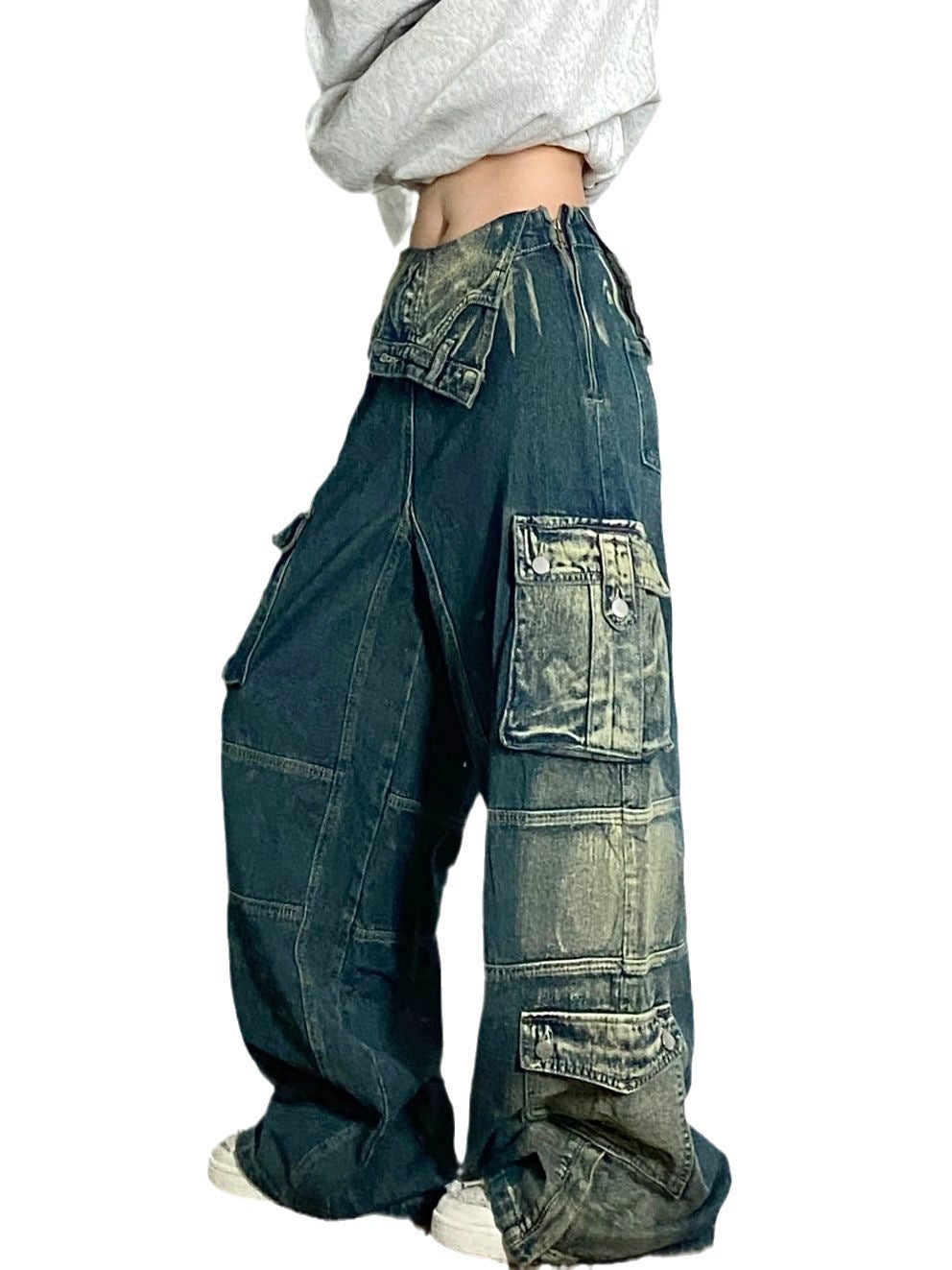 Denim Retro Baggy Patchwork Colorblock Washed Women's Cargo Pocketed Jeans to 4X Plus Size