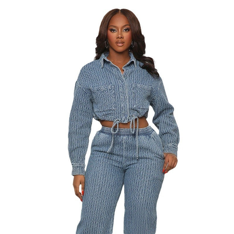 Denim Women's Pinstriped Jean Jacket + Matching Jeans 2-Piece Set