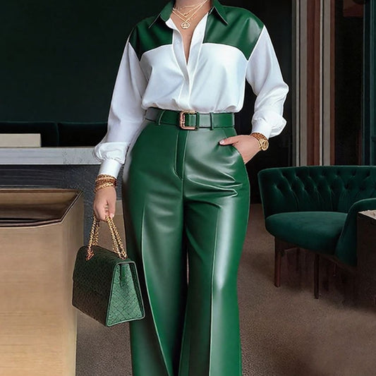 Colorblock Patchwork Women's Long Sleeve Blouse + Wide Leg Leather Pants 2-Piece Set to 3X Plus Size