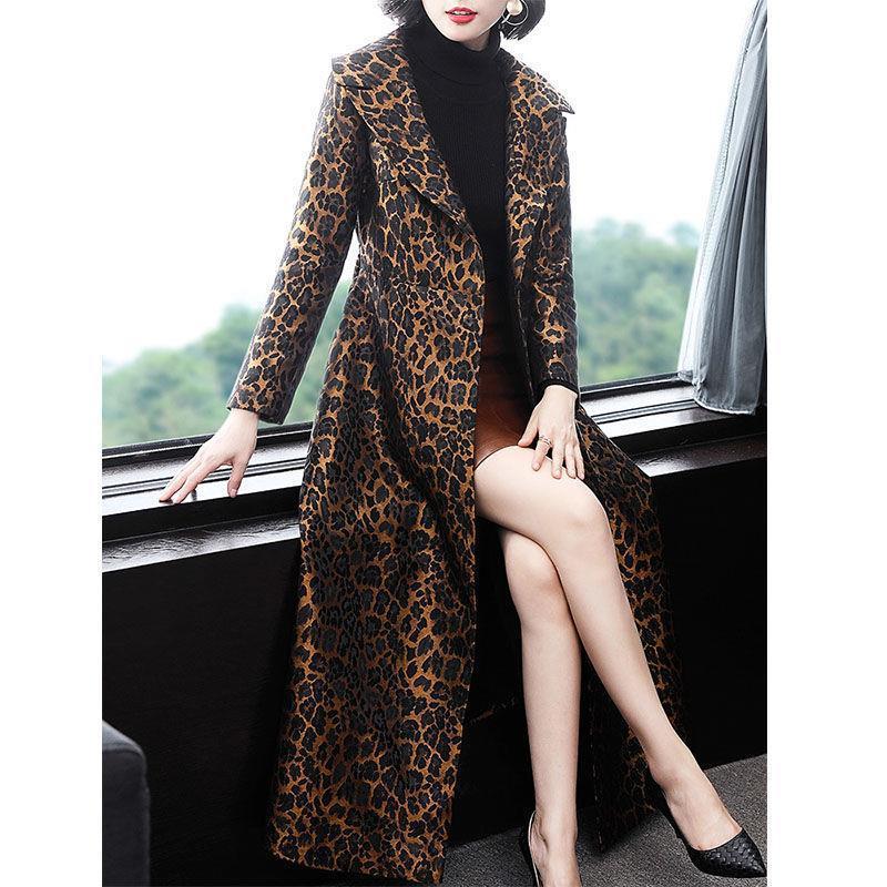 Leopard Print Women's Turn-Down Collar Trenchcoat
