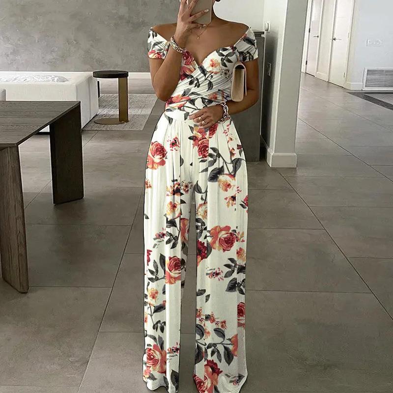 Striped/Floral Print Women's Off-the-Shoulder Temperament Casual High Waist Jumpsuit to 3X Plus Size
