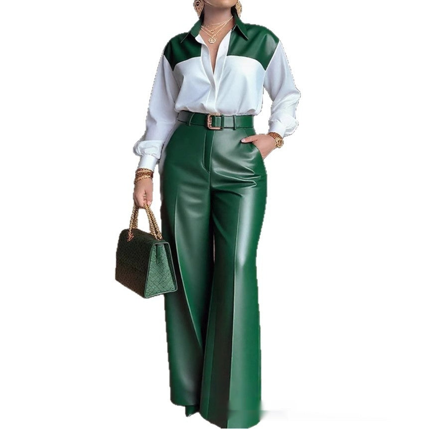 Colorblock Patchwork Women's Long Sleeve Blouse + Wide Leg Leather Pants 2-Piece Set to 3X Plus Size