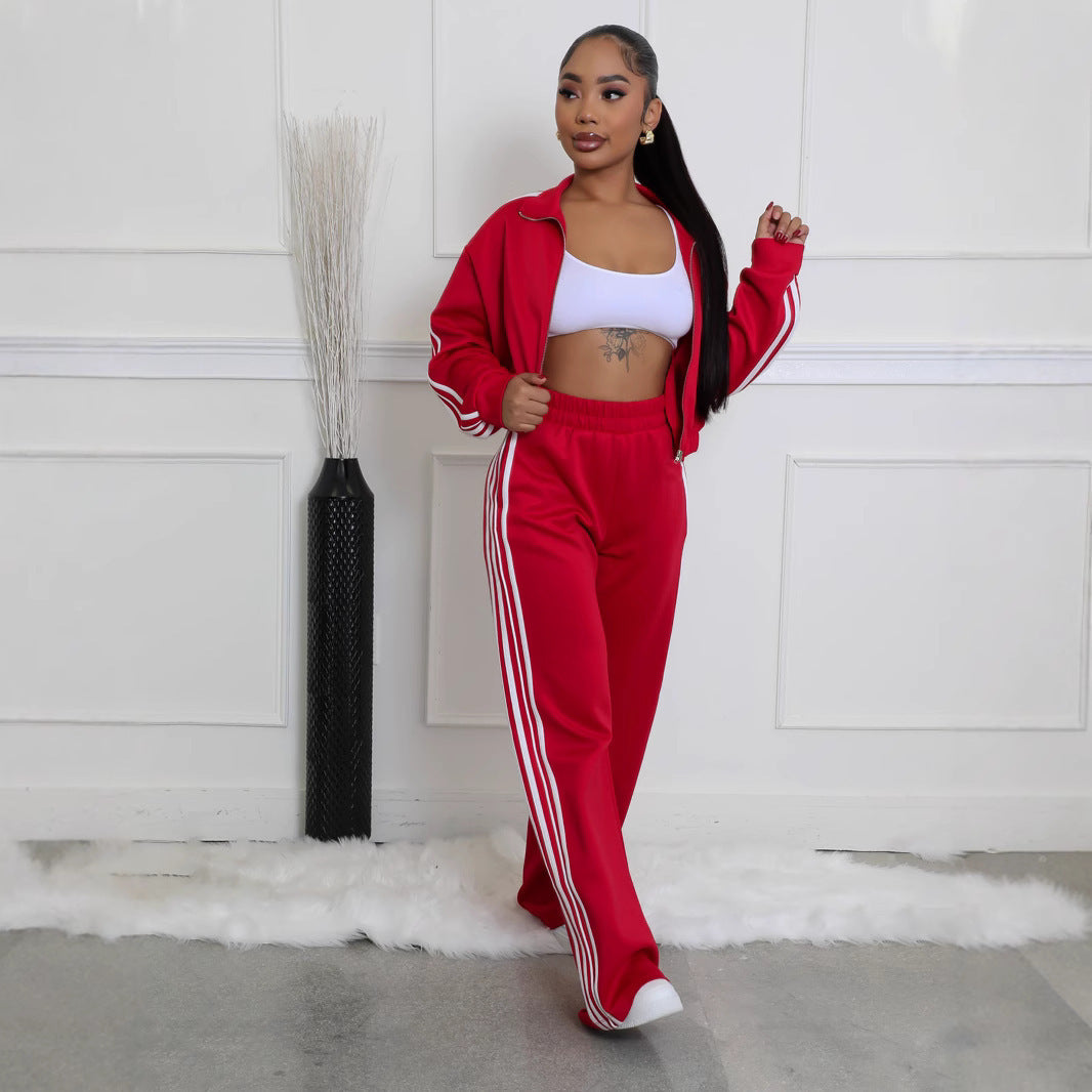 Side Striped Women's Sweat Jacket + Wide Leg Sweatpants Tracksuit