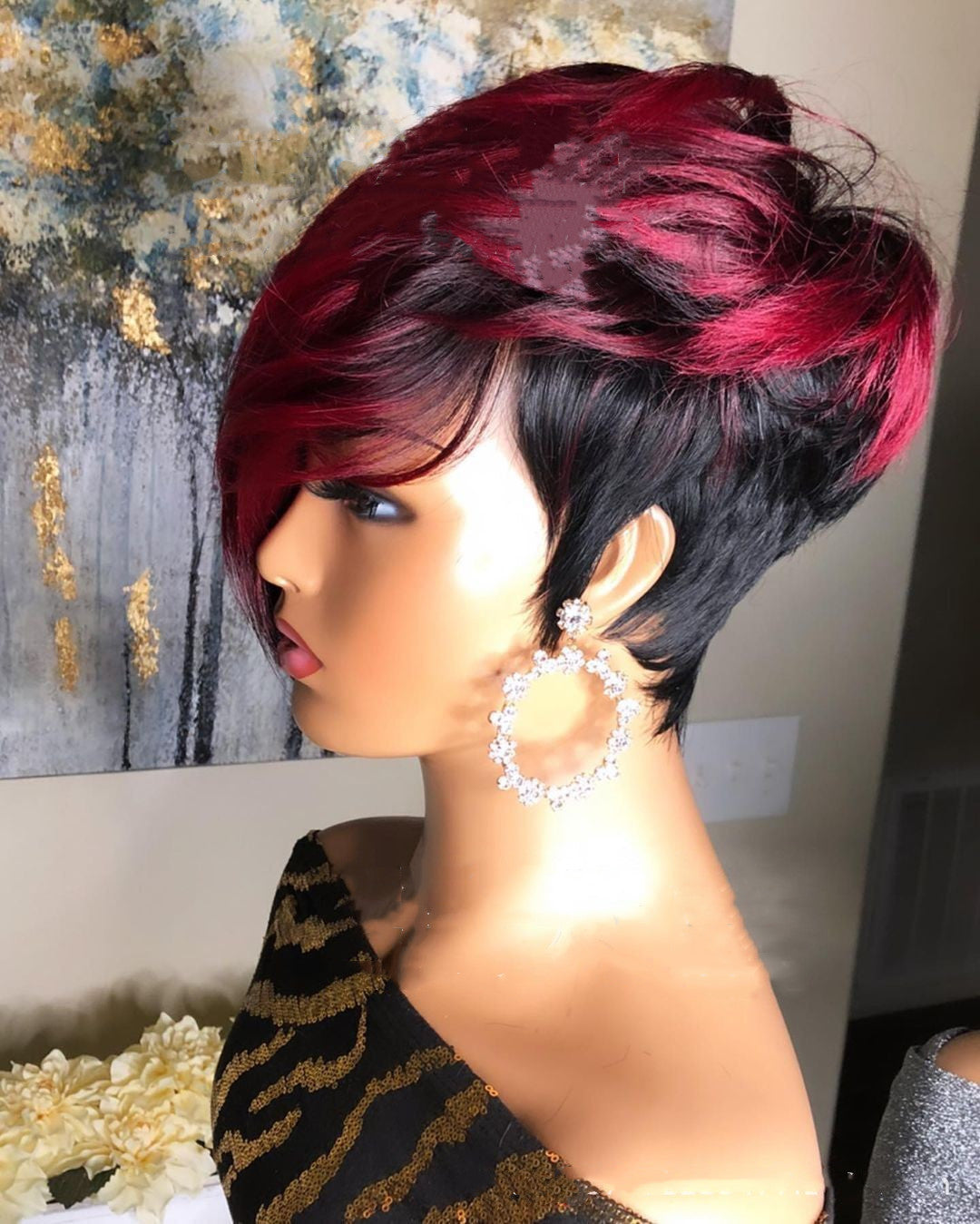 Burgundy Black Pixie Cut 100% Human Hair Short Bob Wig