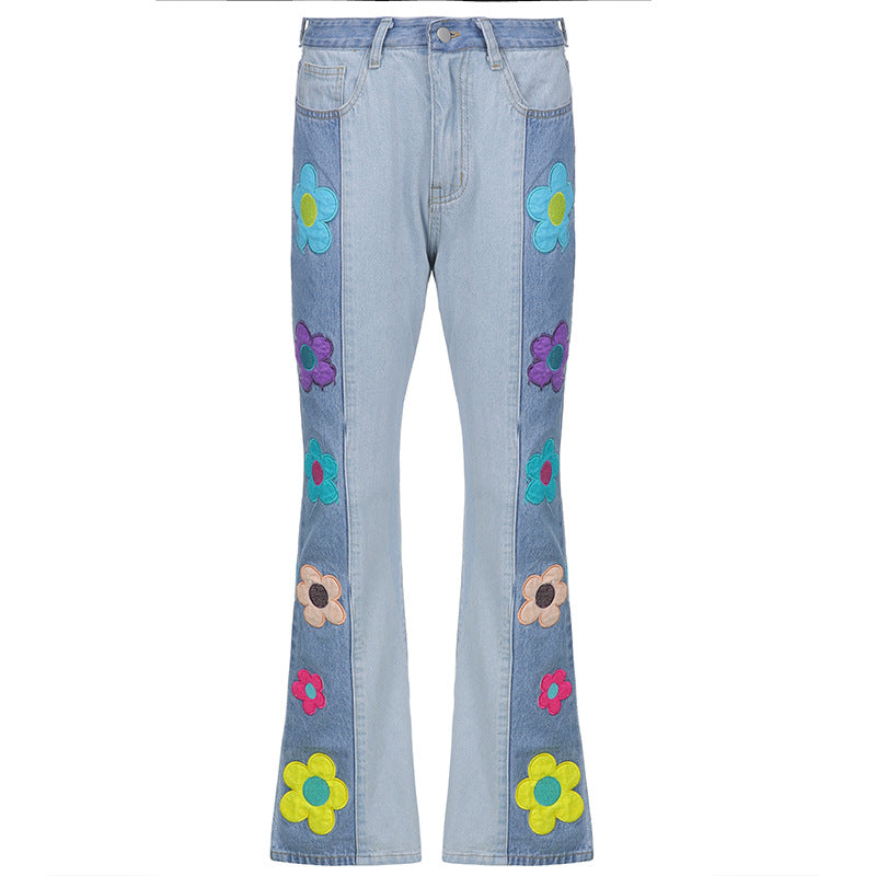 Denim Rainbow Colorblock Big Flower Detail Women's Bootcut Jeans