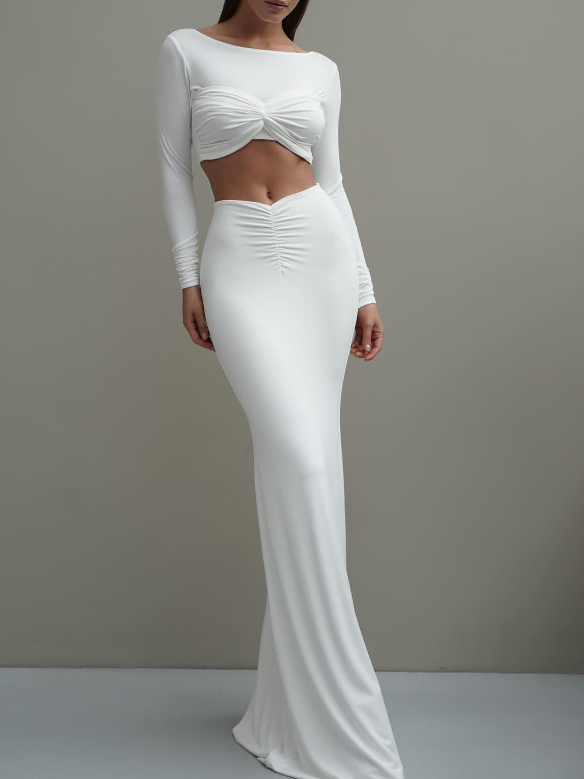 White Ruched Long Sleeved Crop Top & Shirred Maxi Skirt Women's 2-Piece Set