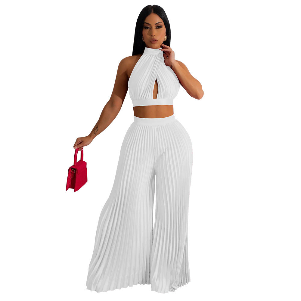 Pleated Women's Halter Silky Crop Top + Elastic Waist Wide Leg Pants 2-Piece Set