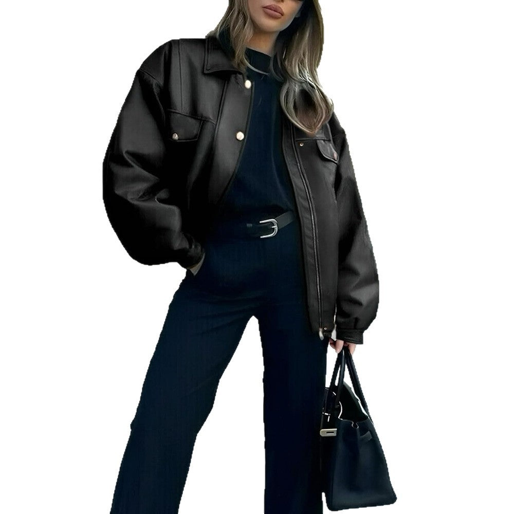 PU Leather Double Pocket Button-Up Design Turn-Down Collar Women's Loose Biker Motorcycle Jacket