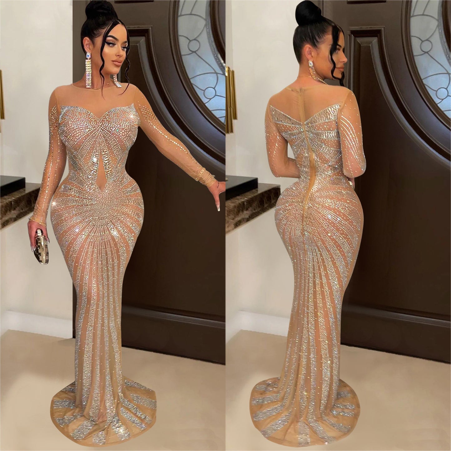 Metallic Hot Drill Rhinestone Sparkling Glitter Transparent Mesh Sheer Long Sleeve Formal Floor-Length Dress