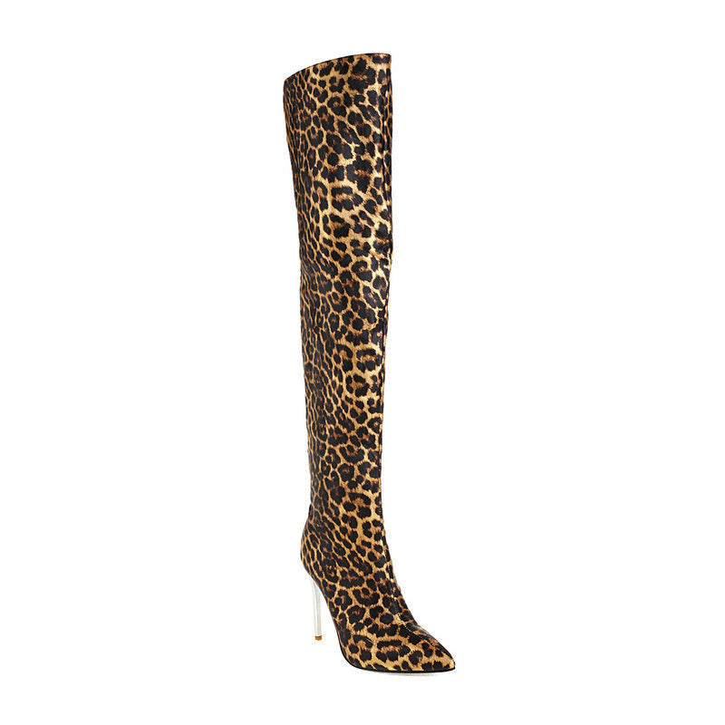 Solid/Leopard Women's Bright Leather Pointed Toe Metal Stiletto Heel Over-the-Knee Boots