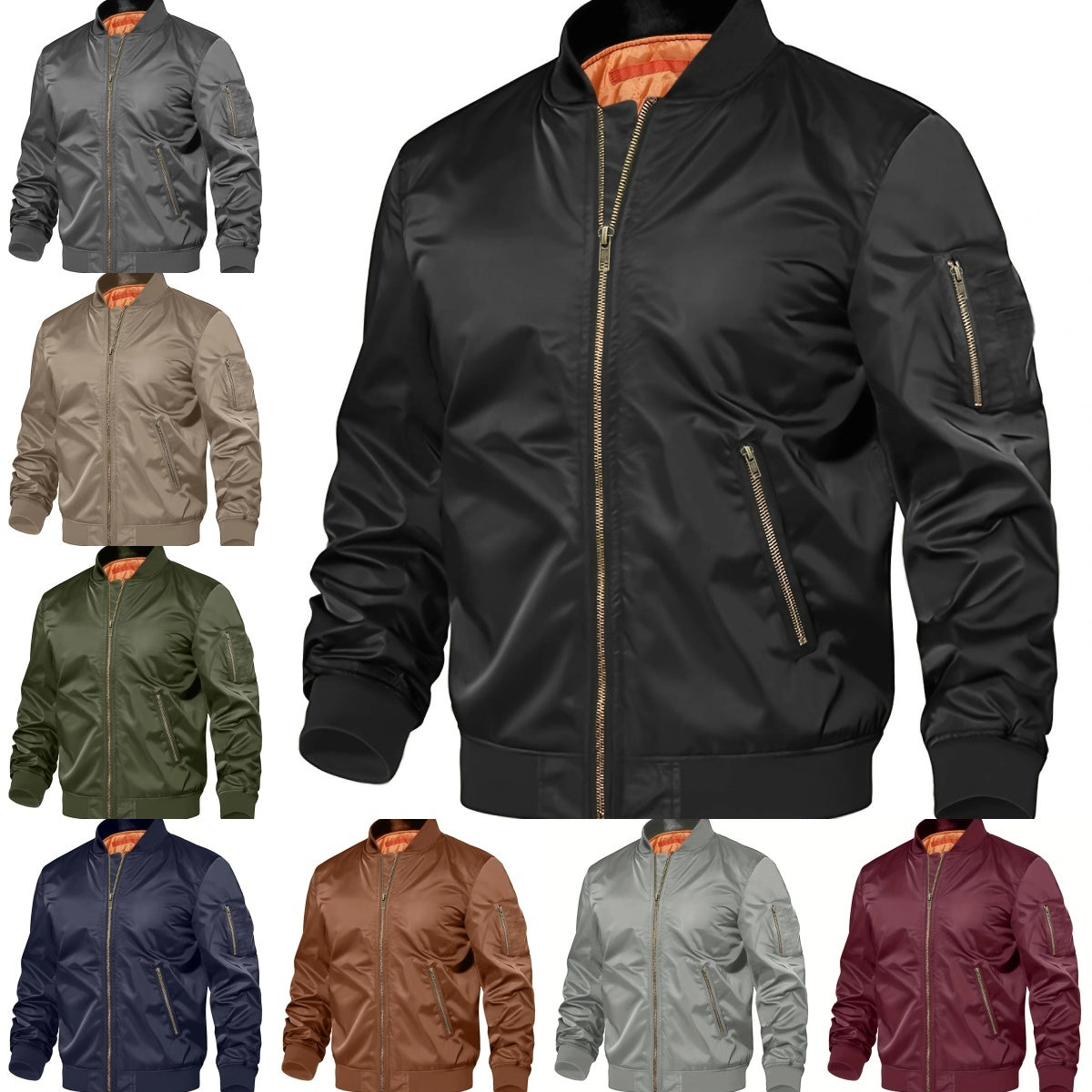 Men's Solid Color Military Baseball Multi-Pocket Zipper Cargo Bomber Jacket