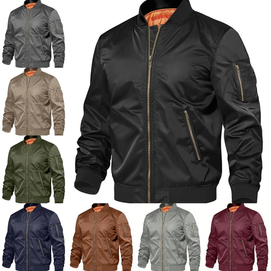 Men's Solid Color Military Baseball Multi-Pocket Zipper Cargo Bomber Jacket