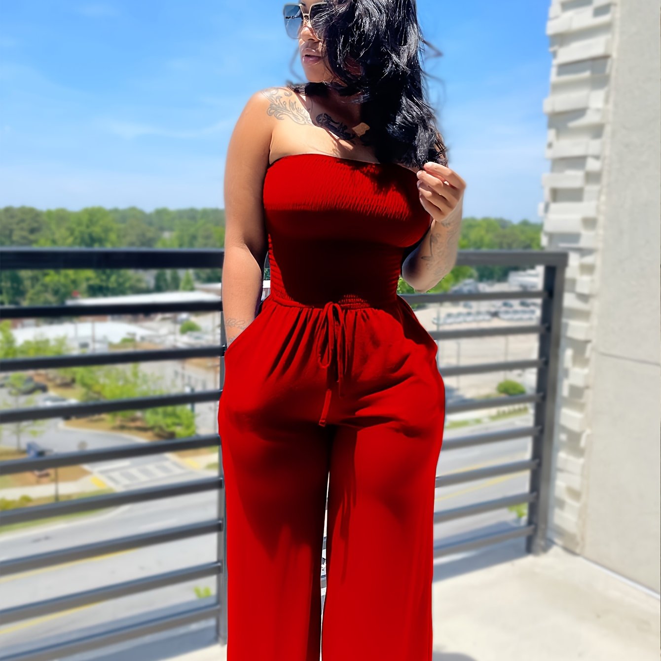 Sleeveless Waffle Pattern Solid Color Sash Belted Women's Tube Top Jumpsuit