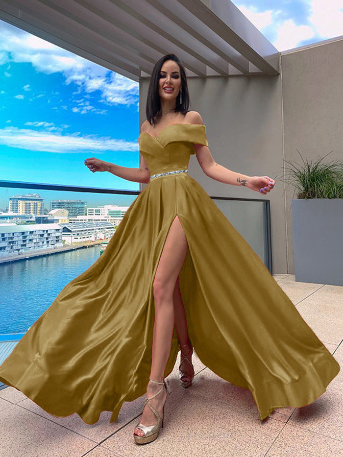 Off-the-Shoulder Deep V-Neck Solid Color Pleated High Slit Formal Floor-Length Maxi Dress