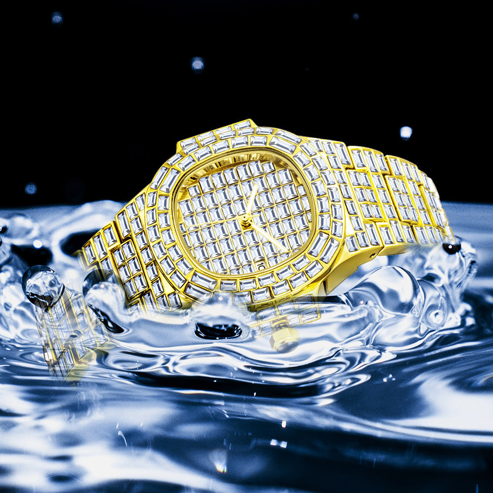 Men's Sparkling Iced Out Square Hot Drill Diamond Gold/Silver High Grade Waterproof Calendar Watch