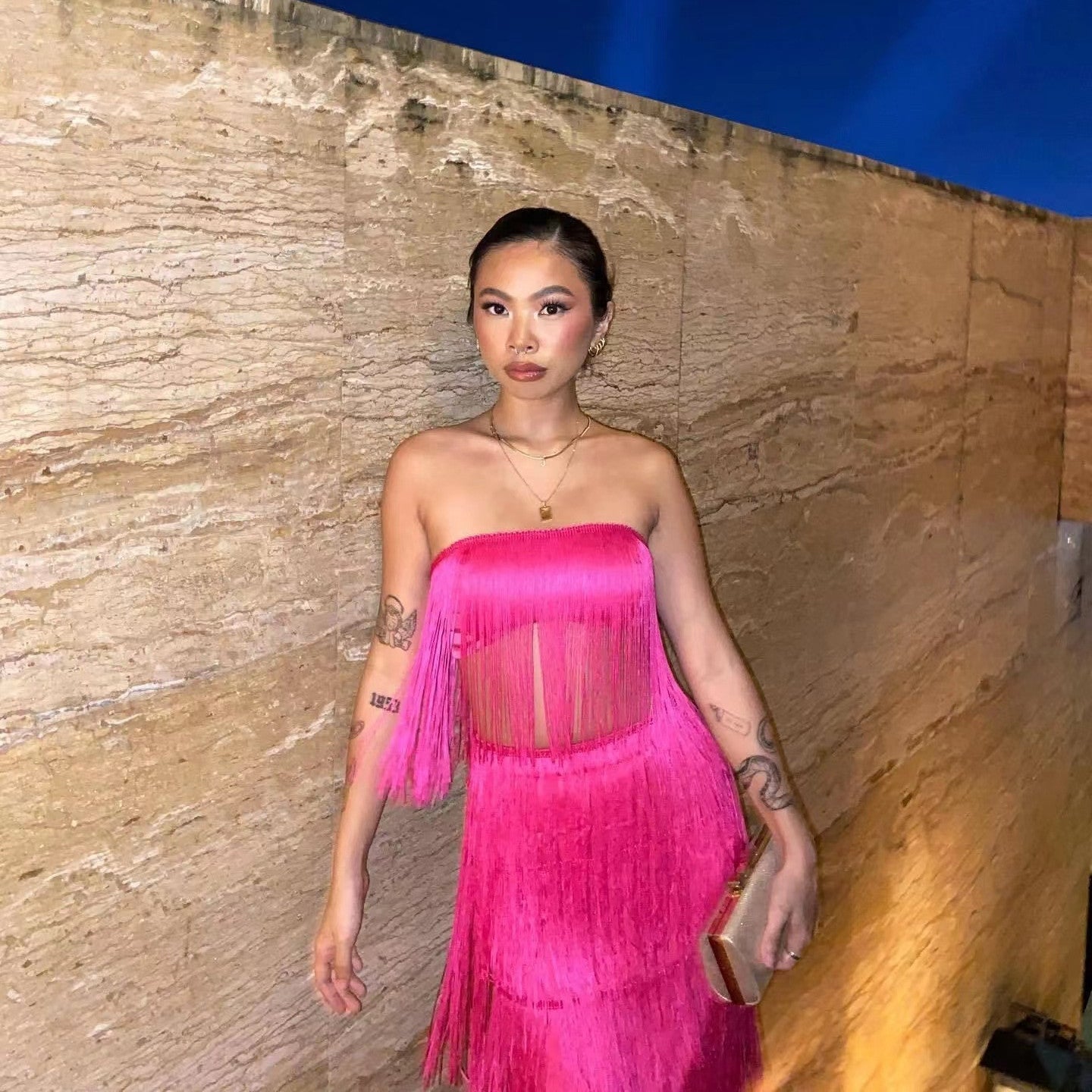 Hanging Tassel Fringe Sleeveless Tube Top + Maxi Skirt Women's 2-Piece Set