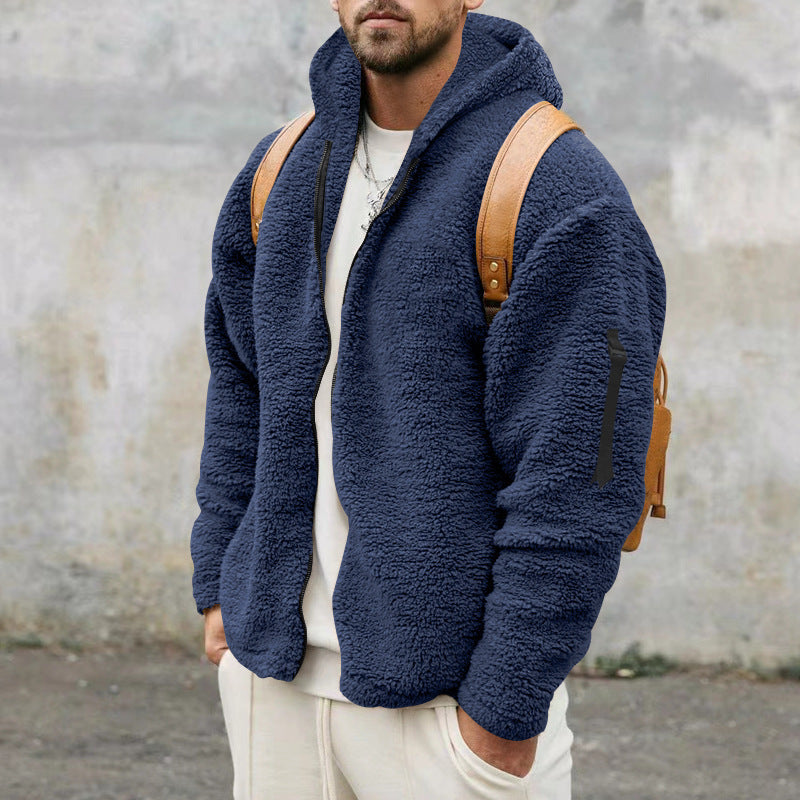 Men's Zipper Sleeve Design Plush Fleece Solid Color Reversible Teddy Hoodie Jacket