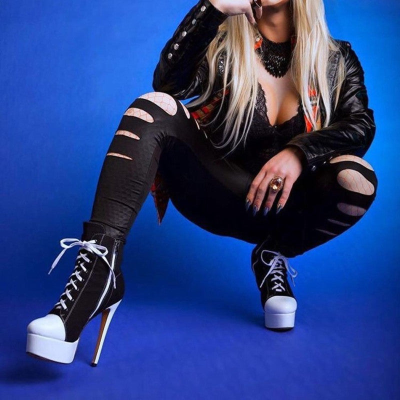 Lace-Up Women's Round Toe High Platform Denim Stiletto Heel Ankle Boots
