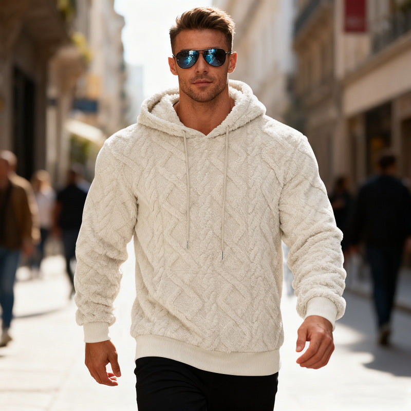 Men's Plush Sherpa Weave Pattern Drawstring Long Sleeve Pullover Solid Color Fleece Hoodie Sweatshirt to 3X Big & Tall