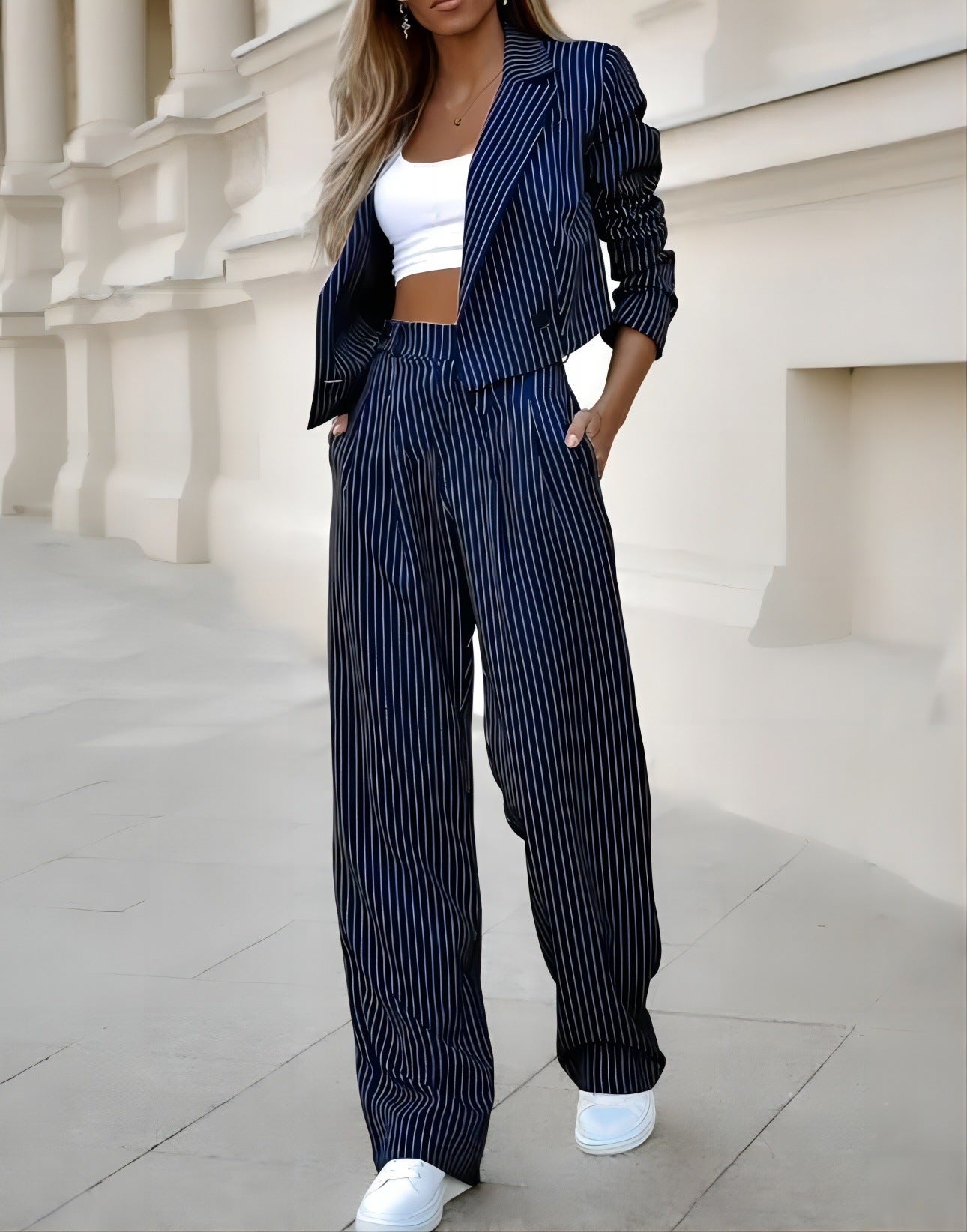 Pinstriped Long Sleeve Cropped Women's Blazer Jacket + Straight Pants Suit