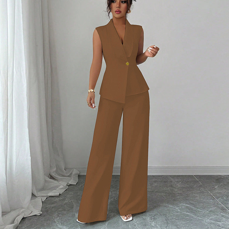Button Front Women's Solid Color Dress Vest + Straight Leg Trouser Pants Suit