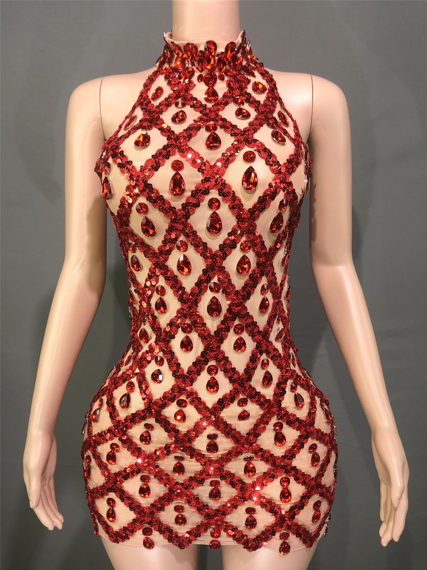 Diamond Sequin Mesh Geometric Hollow-Out Design Sleeveless Mini Zipper Back Formal Mini Dress