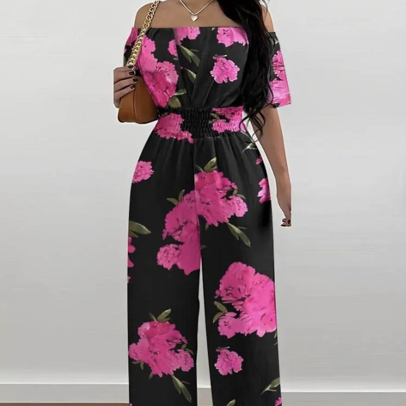 Off-the-Shoulder Shoulder Hot Pink/Black Big Flower Print Women's Cinched Waist  Jumpsuit