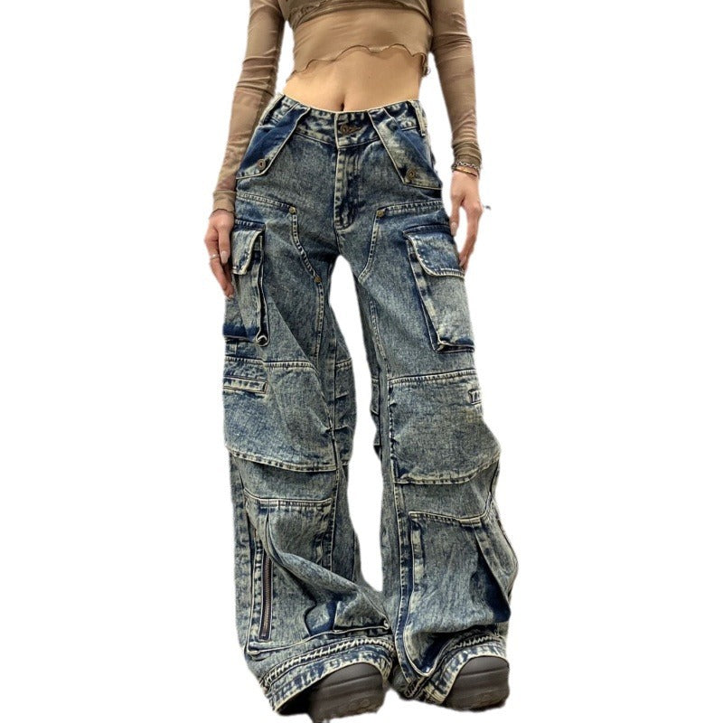 Faded Denim Baggy Multi-Pocketed Reverse Zipper Design Women's Hip-Hop Streetwear Cargo Jeans to 4X Plus Size