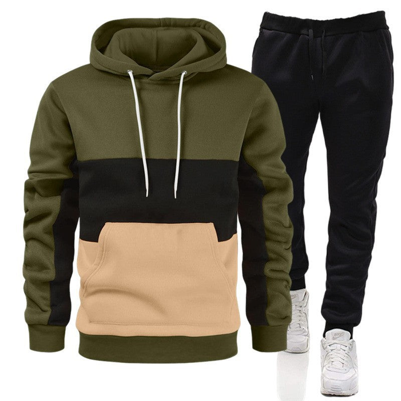 Men's Colorblock Striped Drawstring Hoodie Sweatshirt + Solid Color Jogger Sweatpants Tracksuit to 3X Big & Tall
