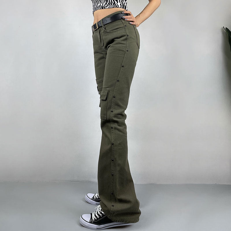 Olive Green Women's Buckle Strap Button Multi-Pocketed Design Skinny Straight Cargo Jeans