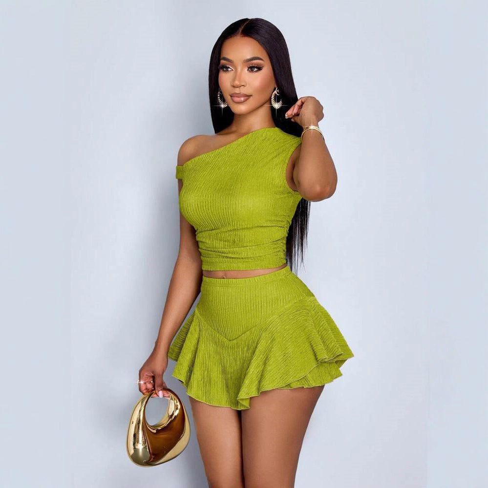 Asymmetrical One Shoulder Women's Solid Color Ruched Fitted Crop Top + Ruffled Mini Skirt 2-Piece Set