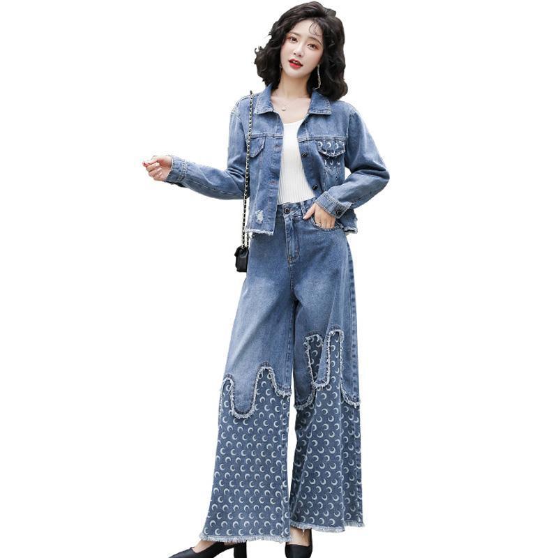 Denim Tweed Cropped Jean Jacket + Wide Leg Jeans 2-Piece Set to 3X Plus Size