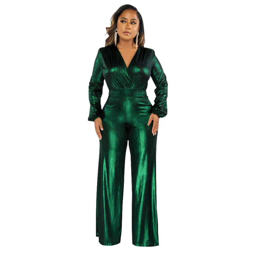 Faux Leather Shiny Ruched Metallic V-Neck Long Lantern Sleeve Women's Formal Jumpsuit