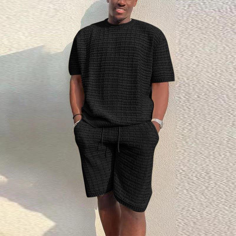 Men's Knitted Waffle Pattern Solid Color O-Neck T-Shirt w/ Shorts 2-Piece Set