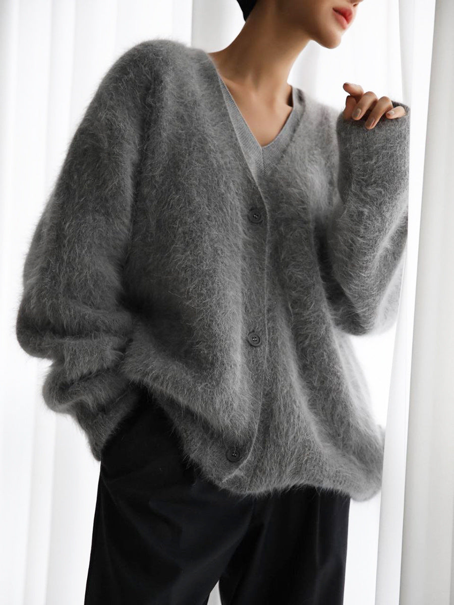 Fuzzy Soft Button Front V-Neck Button Single Breasted Knitted Women's Cardigan Sweater