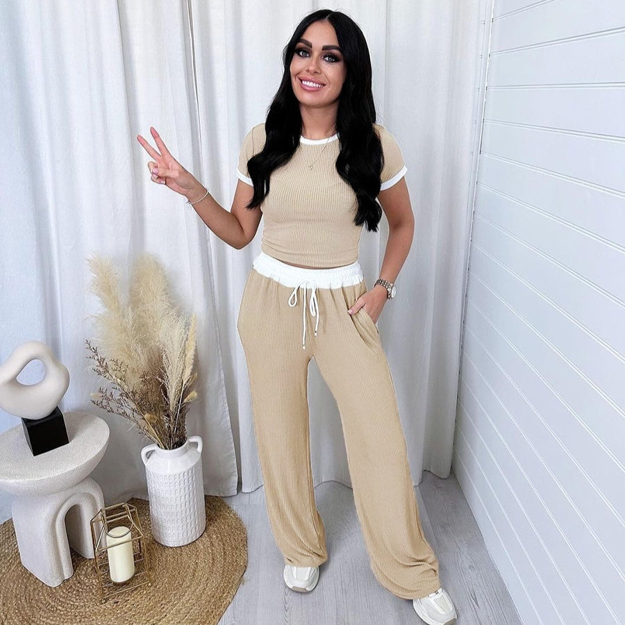 Side Striped Colorblock O-Neck Women's Short Sleeve T-Shirt + Drawstring Wide Leg Pants 2-Piece Set