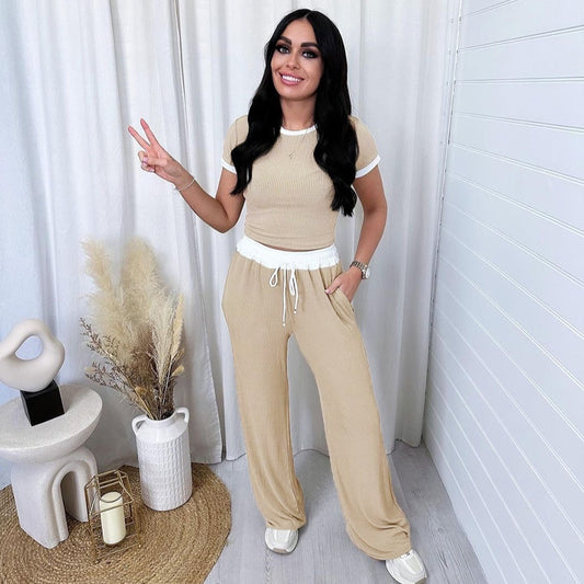 Side Striped Colorblock O-Neck Women's Short Sleeve T-Shirt + Drawstring Wide Leg Pants 2-Piece Set