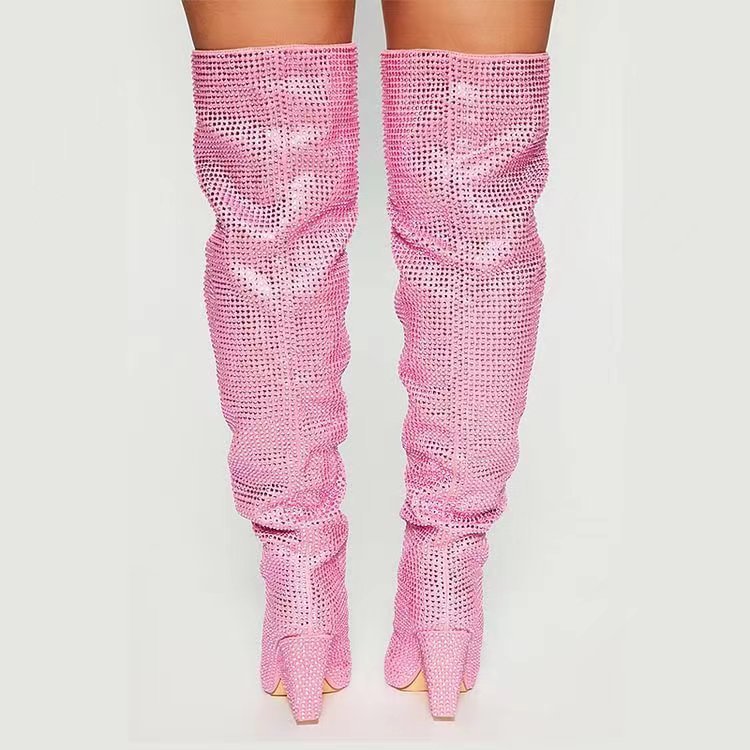 Rhinestone Metallic Pointed Tapered Heel Below-the-Knee Women's Western Wedge Boots