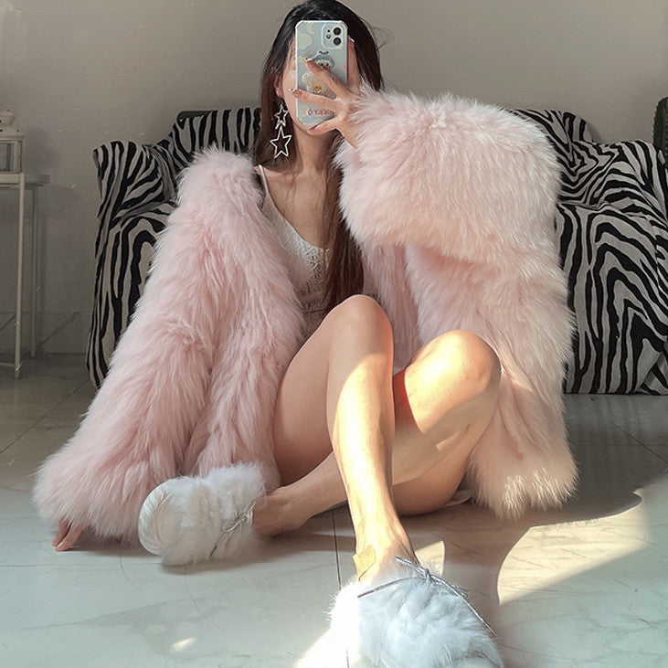 Shaggy Faux Fur Long Sleeve Women's Streetwear Hooded Jacket