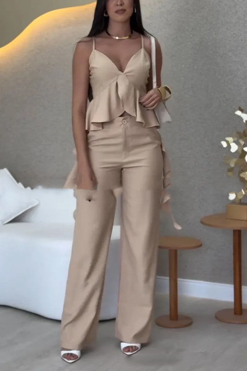 Ruffled Solid Color V-Neck Maxi Tank Top + Matching Leggings Women's 2-Piece Set